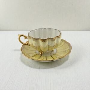 Royal Sealy Lusterware 3 Footed Tea Cup Saucer Yellow Gold Scalloped Japan 1950s
